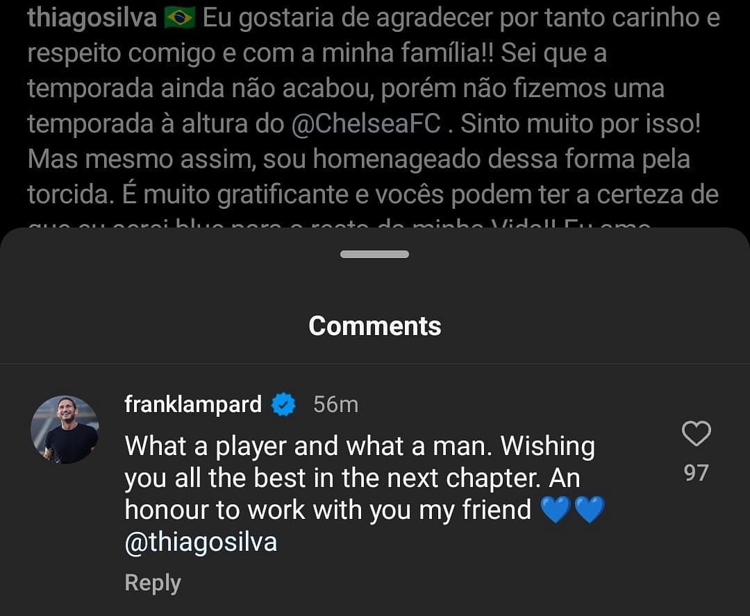 Frank Lampard's comment on Thiago Silva's Instagram post.